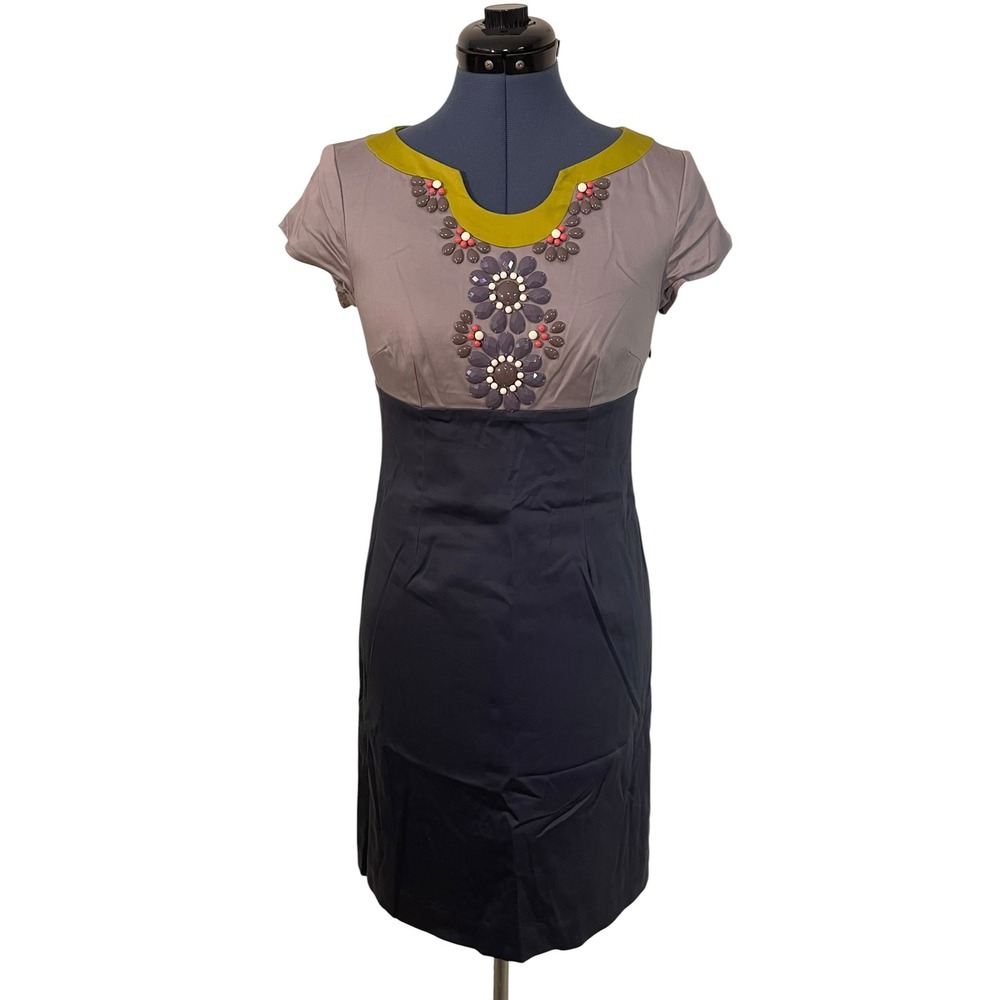 Boden Womens Petite Gray Colorblock Beaded Floral Sheath Dress Y2K Cocktail 4P